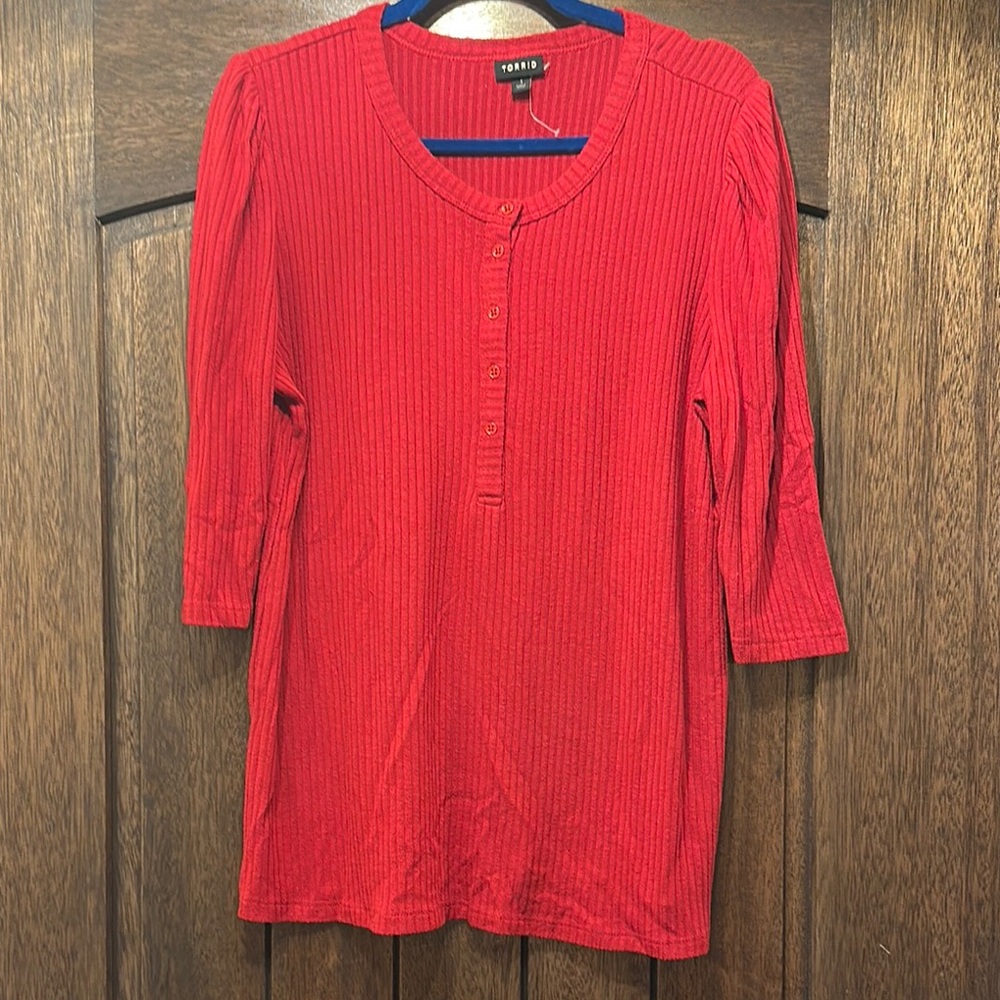 Torrid Red Ribbed Polo Blouse with 3/4 Sleeves
